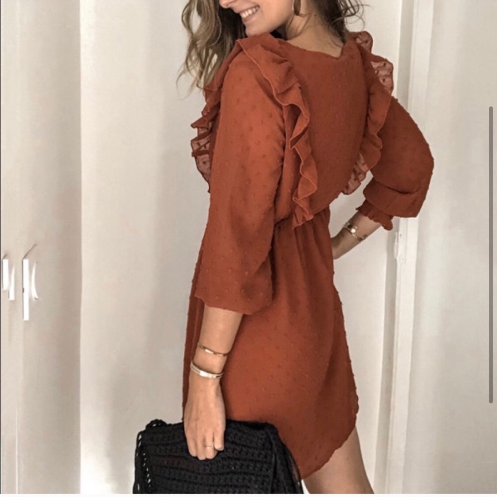 RUST ORANGE, RUFFLED DRESS (S) - Picture 2 of 4